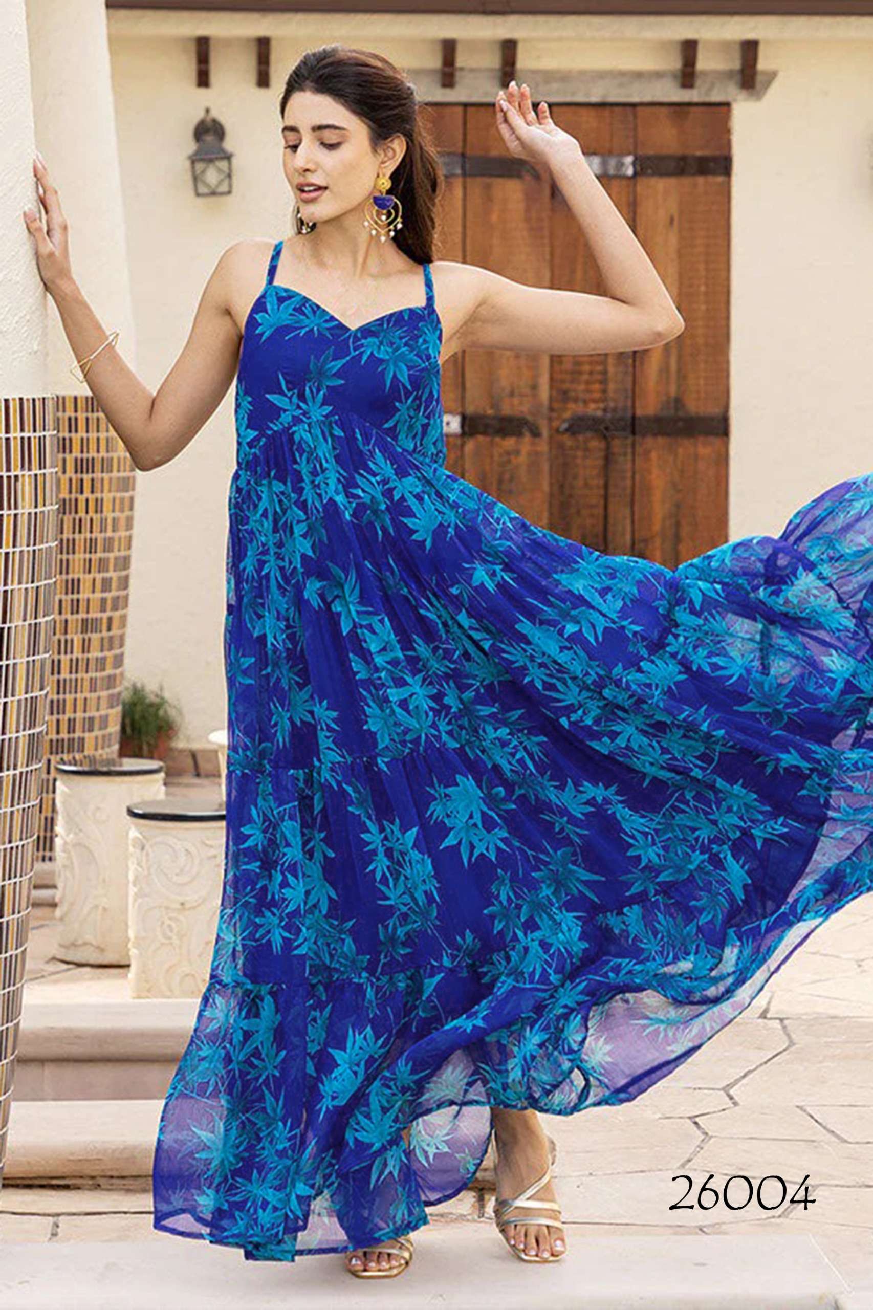 stunning Beautiful digital printed Ethnic wear Fully flared gown set collection set of 6 beautiful design 26001 to 26006 Wholesaler exporter