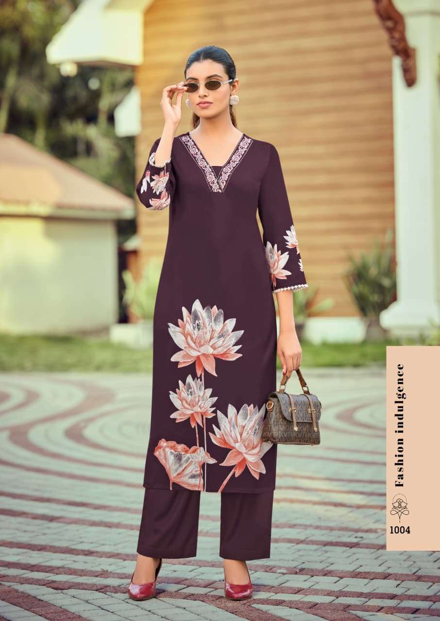 CO-ORD SET  Brand WOODEE Catalog  HARMEEN Top  bottom Premium heavy rayon discharge print with thread work wholesaler
