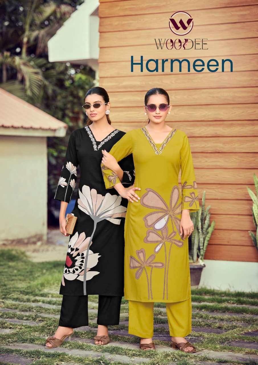 CO-ORD SET  Brand WOODEE Catalog  HARMEEN Top  bottom Premium heavy rayon discharge print with thread work wholesaler