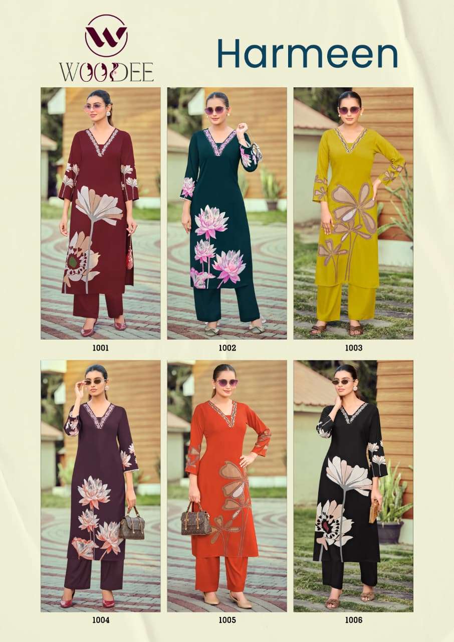 CO-ORD SET  Brand WOODEE Catalog  HARMEEN Top  bottom Premium heavy rayon discharge print with thread work wholesaler