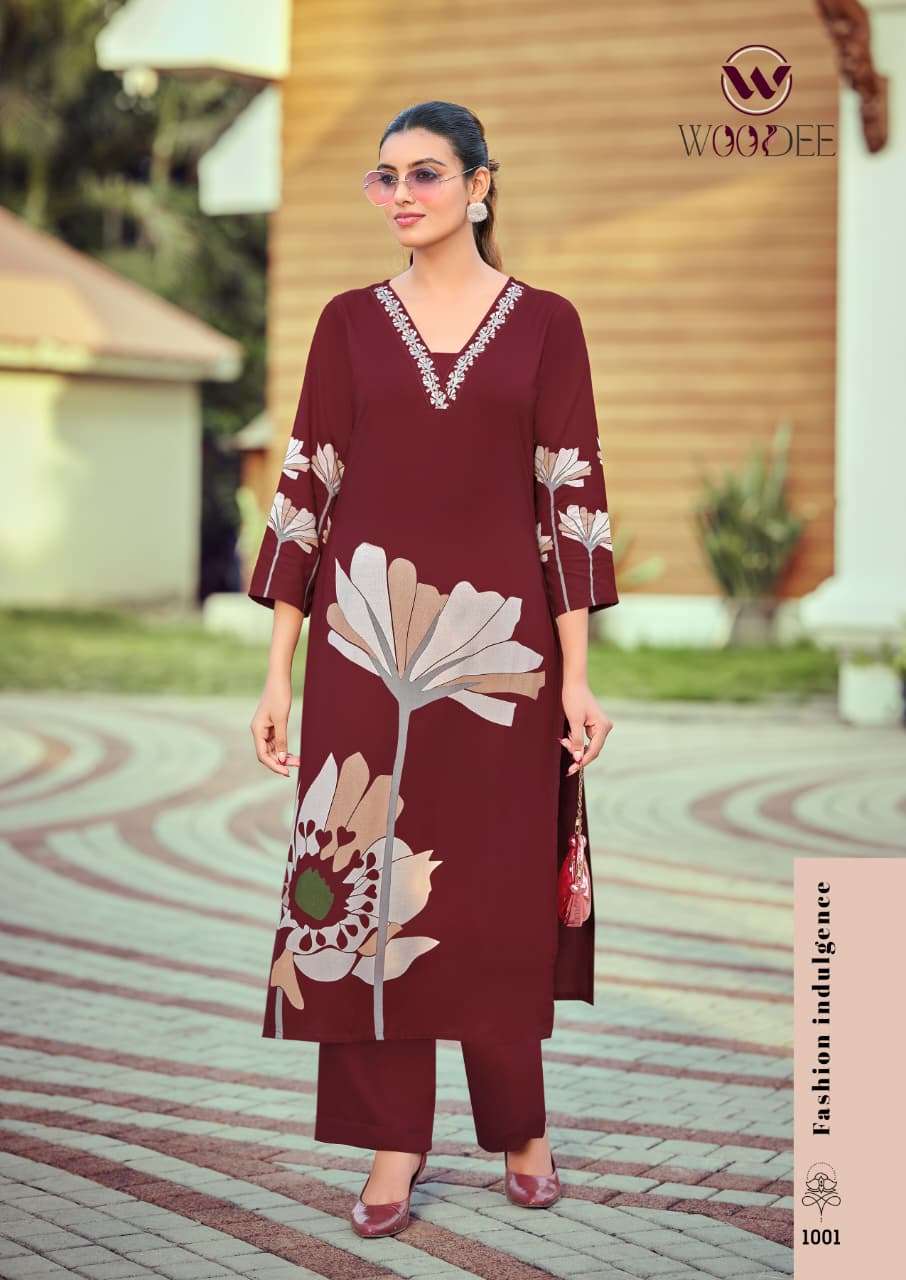 CO-ORD SET  Brand WOODEE Catalog  HARMEEN Top  bottom Premium heavy rayon discharge print with thread work wholesaler