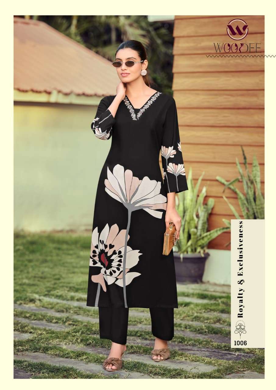 CO-ORD SET  Brand WOODEE Catalog  HARMEEN Top  bottom Premium heavy rayon discharge print with thread work wholesaler