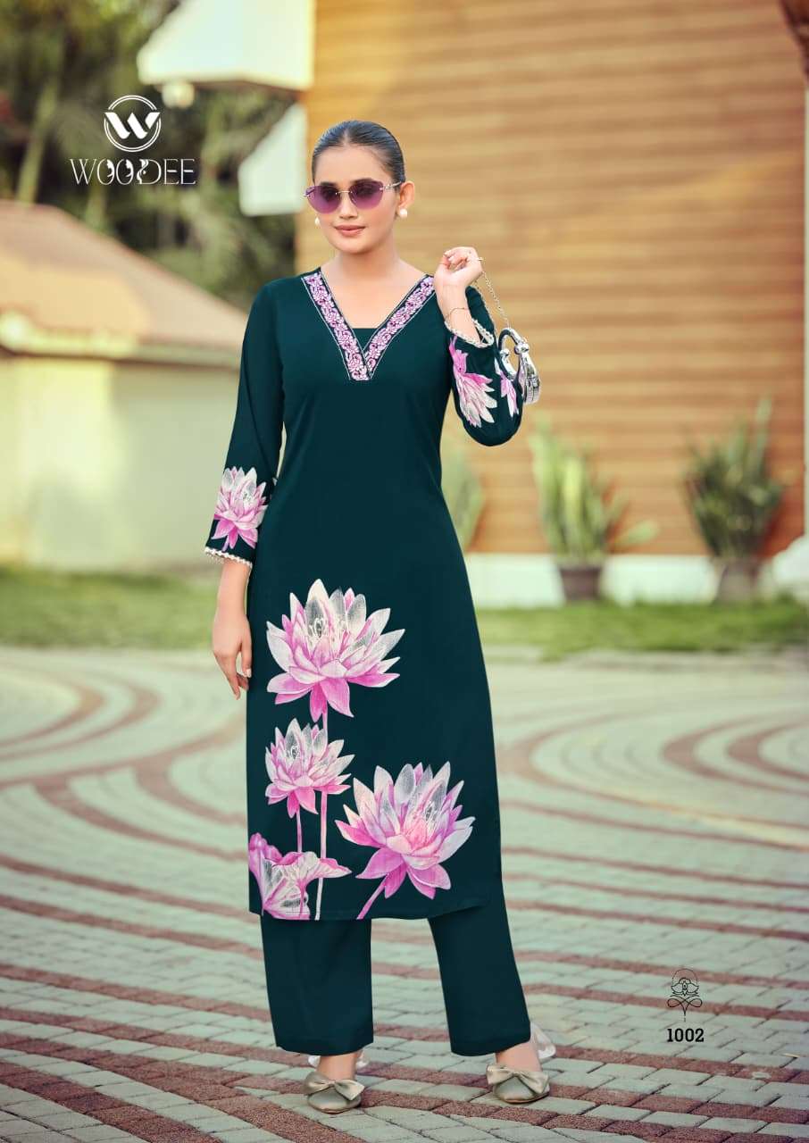 CO-ORD SET  Brand WOODEE Catalog  HARMEEN Top  bottom Premium heavy rayon discharge print with thread work wholesaler