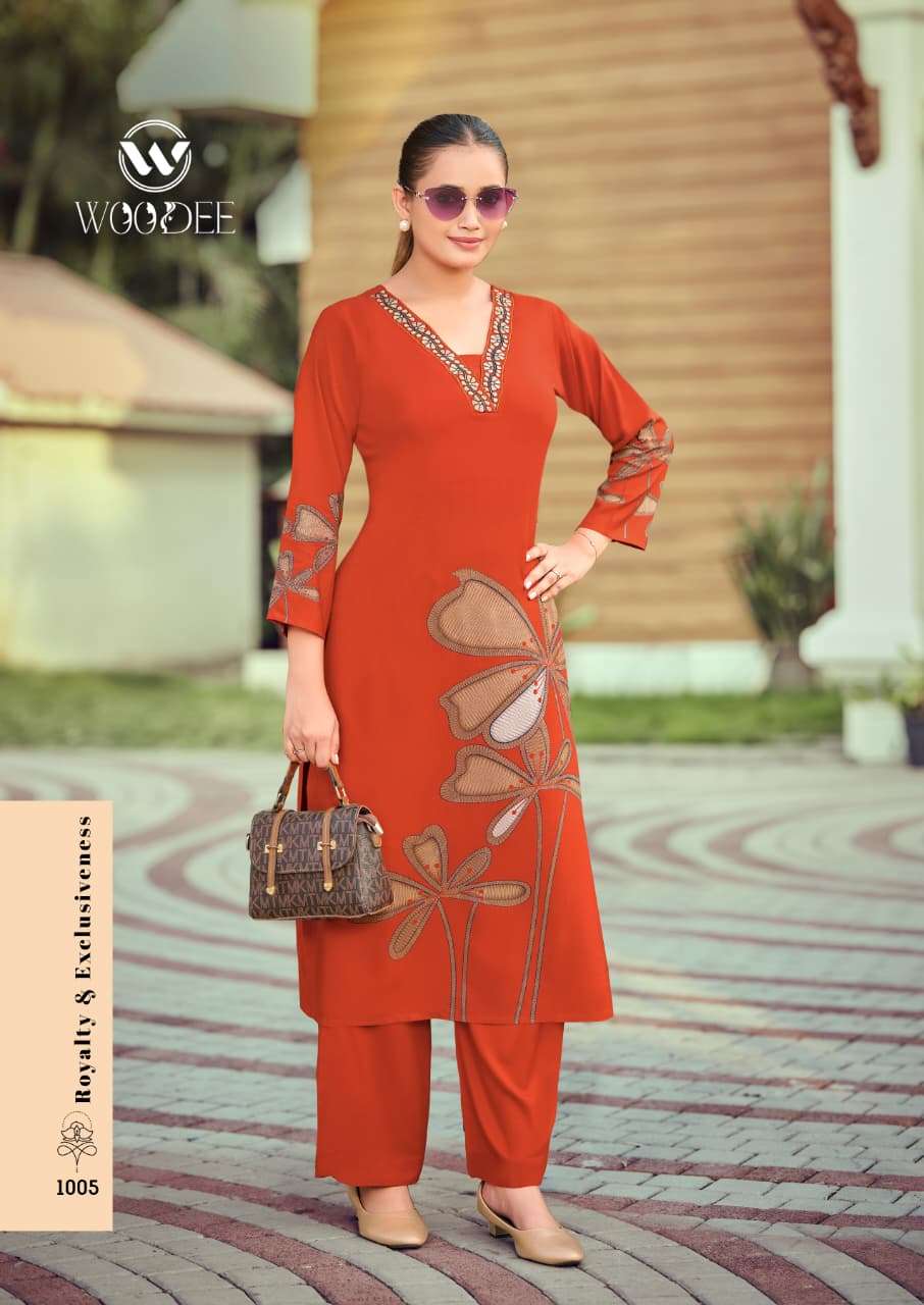CO-ORD SET  Brand WOODEE Catalog  HARMEEN Top  bottom Premium heavy rayon discharge print with thread work wholesaler