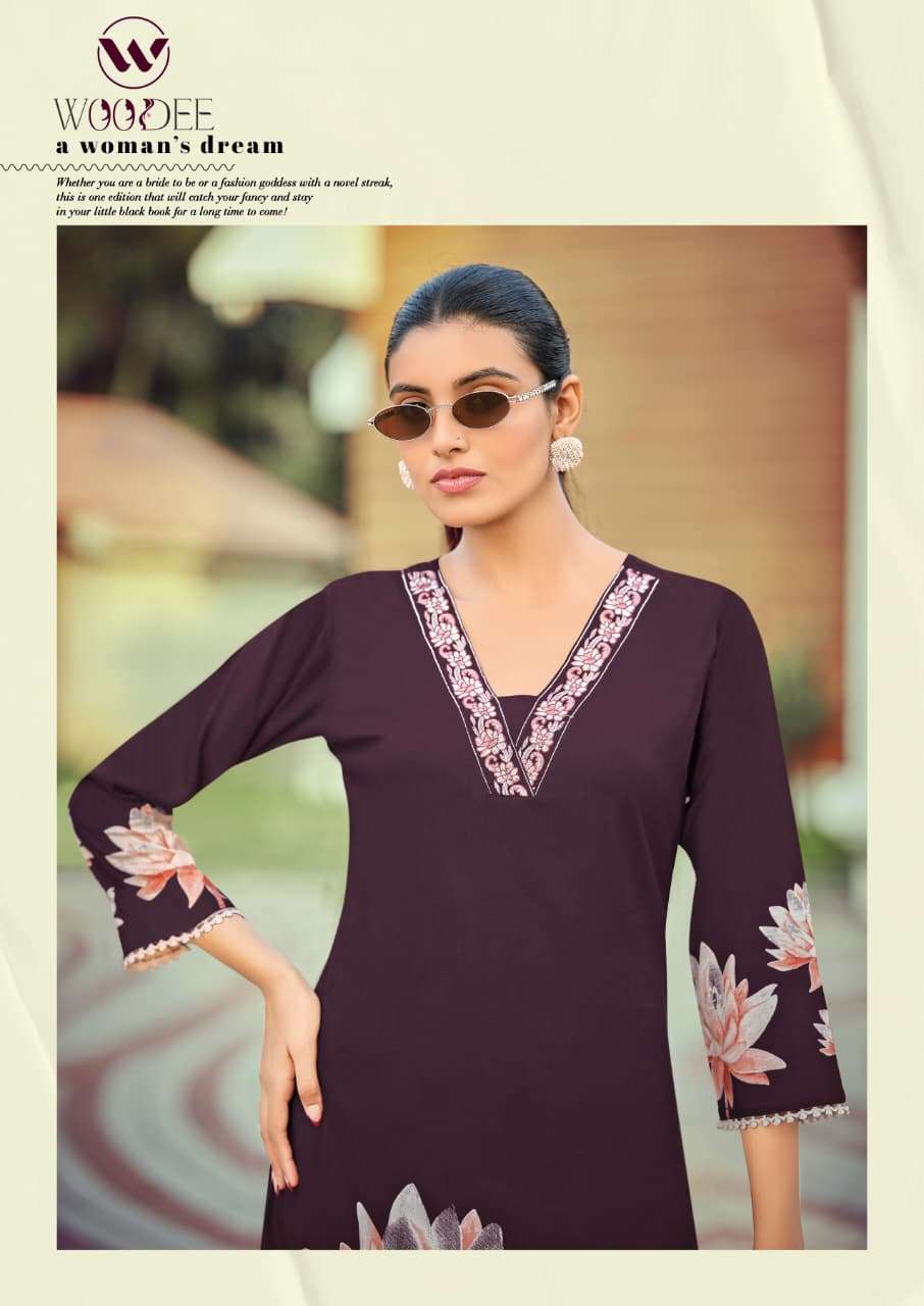 CO-ORD SET  Brand WOODEE Catalog  HARMEEN Top  bottom Premium heavy rayon discharge print with thread work wholesaler