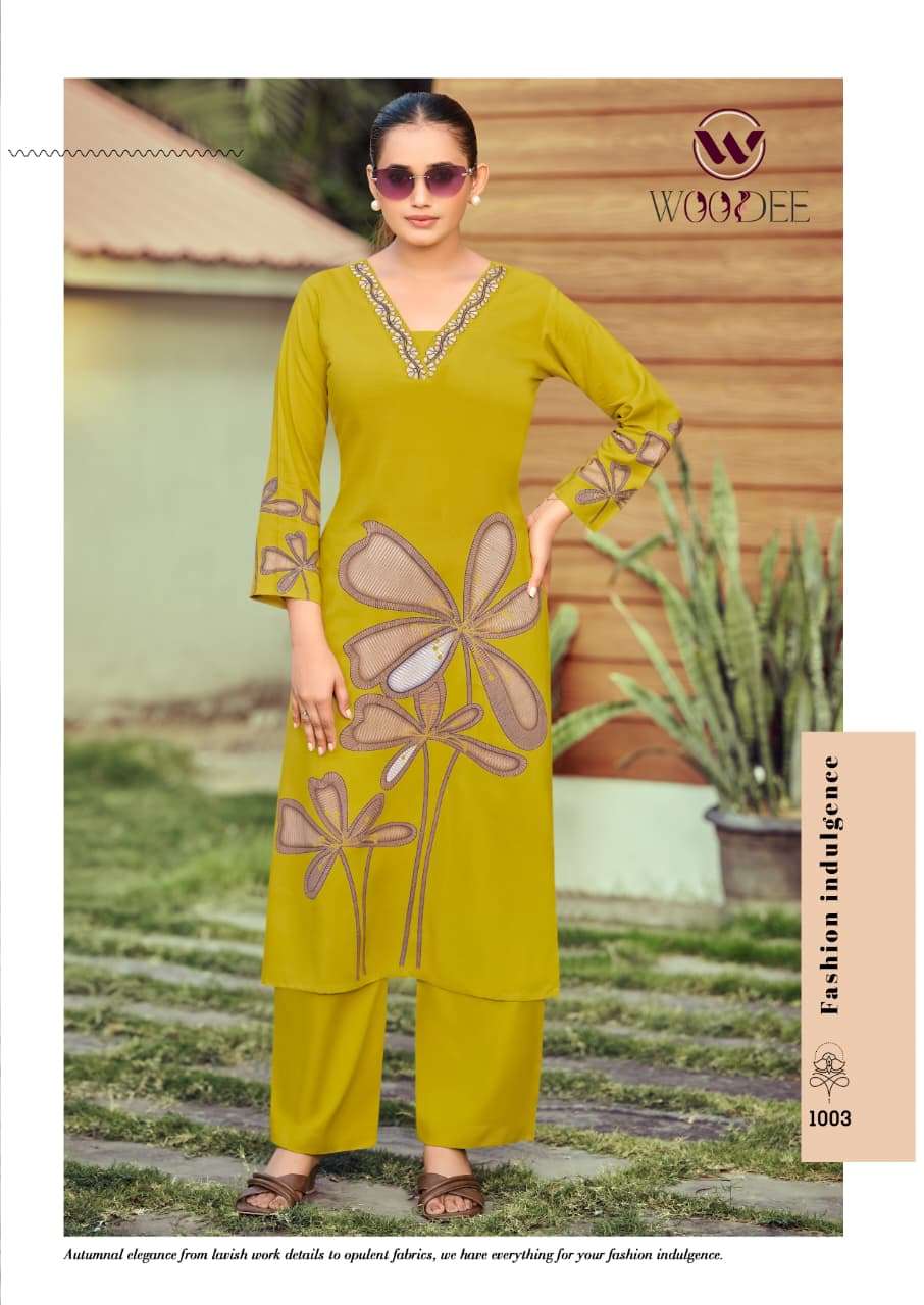 CO-ORD SET  Brand WOODEE Catalog  HARMEEN Top  bottom Premium heavy rayon discharge print with thread work wholesaler