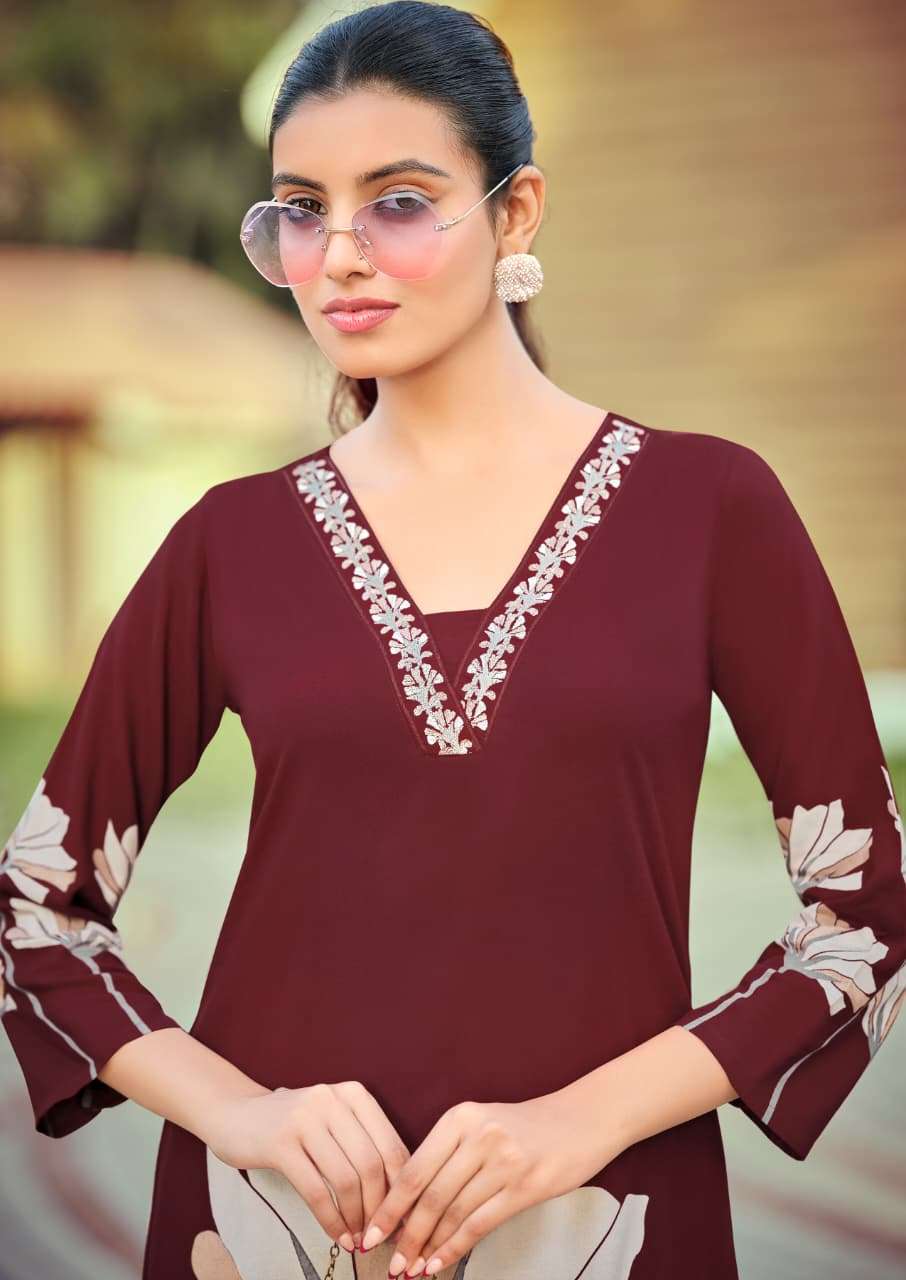 CO-ORD SET  Brand WOODEE Catalog  HARMEEN Top  bottom Premium heavy rayon discharge print with thread work wholesaler
