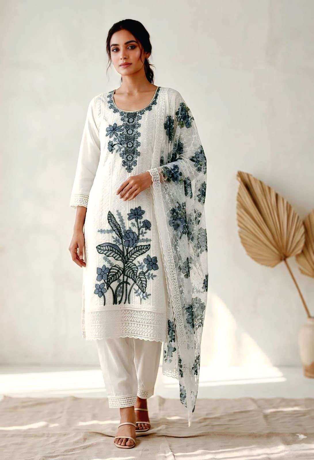  HEAVY SHIFFLI  STICH SUIT  HEAVY GEORGETTE THOUSAND BUTTA WITH DIGITAL PRINTS  WITH EMBROIDERY NACK WORK EXPORTER SURAT
