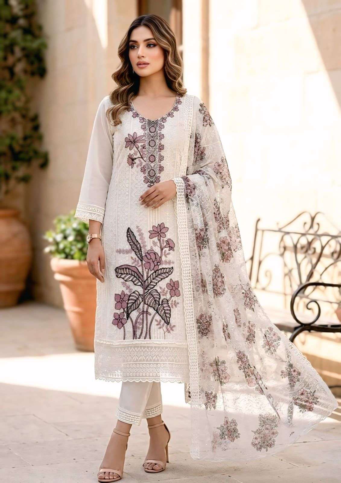  HEAVY SHIFFLI  STICH SUIT  HEAVY GEORGETTE THOUSAND BUTTA WITH DIGITAL PRINTS  WITH EMBROIDERY NACK WORK EXPORTER SURAT