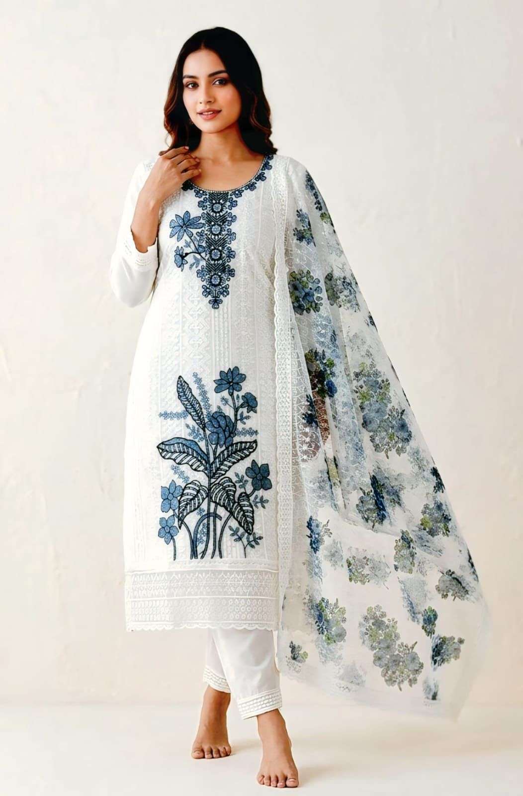  HEAVY SHIFFLI  STICH SUIT  HEAVY GEORGETTE THOUSAND BUTTA WITH DIGITAL PRINTS  WITH EMBROIDERY NACK WORK EXPORTER SURAT
