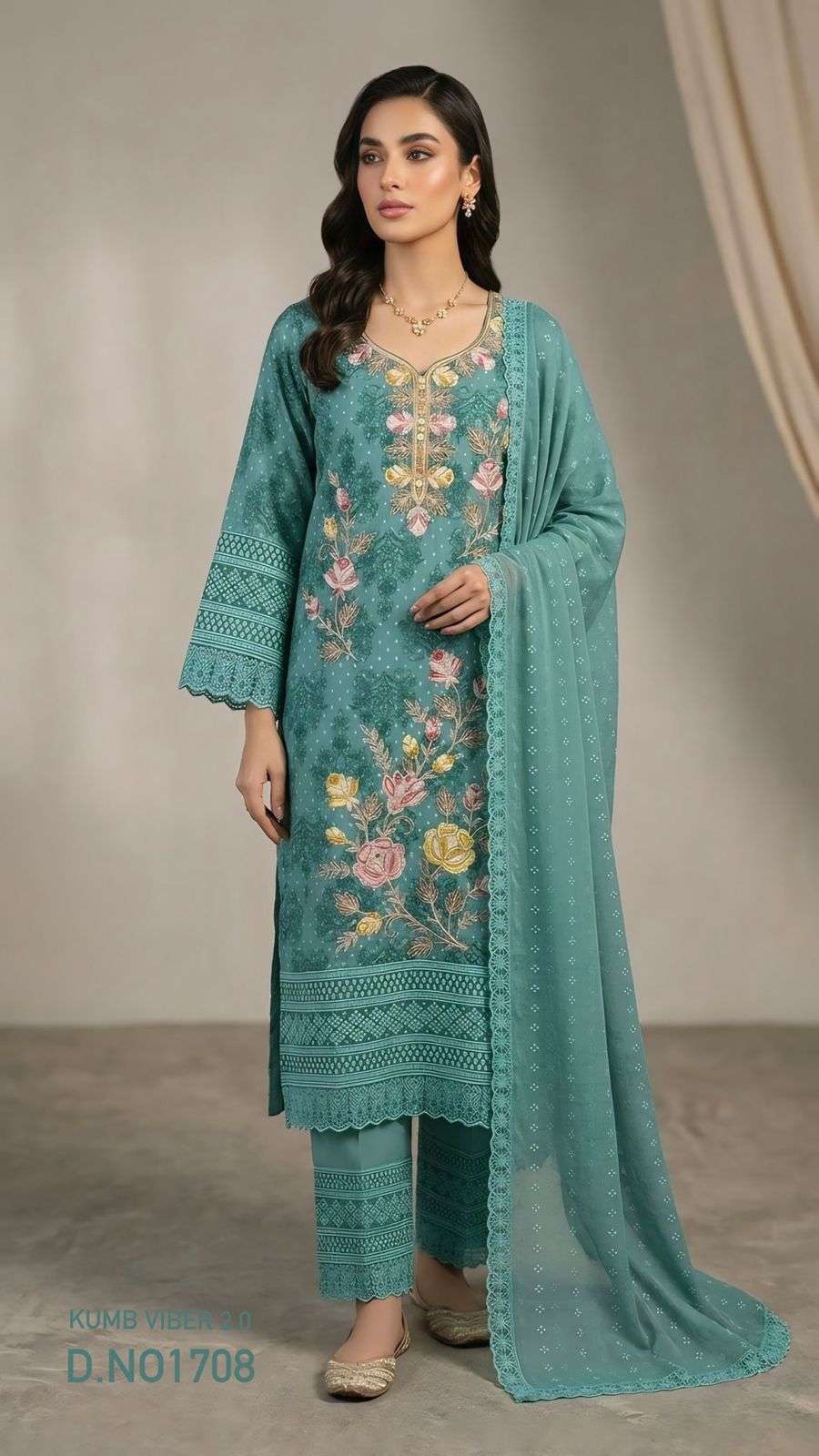 HEAVY SHIFFLI STICH SUIT  HEAVY GEORGETTE THOUSAND BUTTA  WITH DIGITAL PRINTS  WITH EMBROIDERY NACK WORK WHOLESALER FROM SURAT TEXOFAB