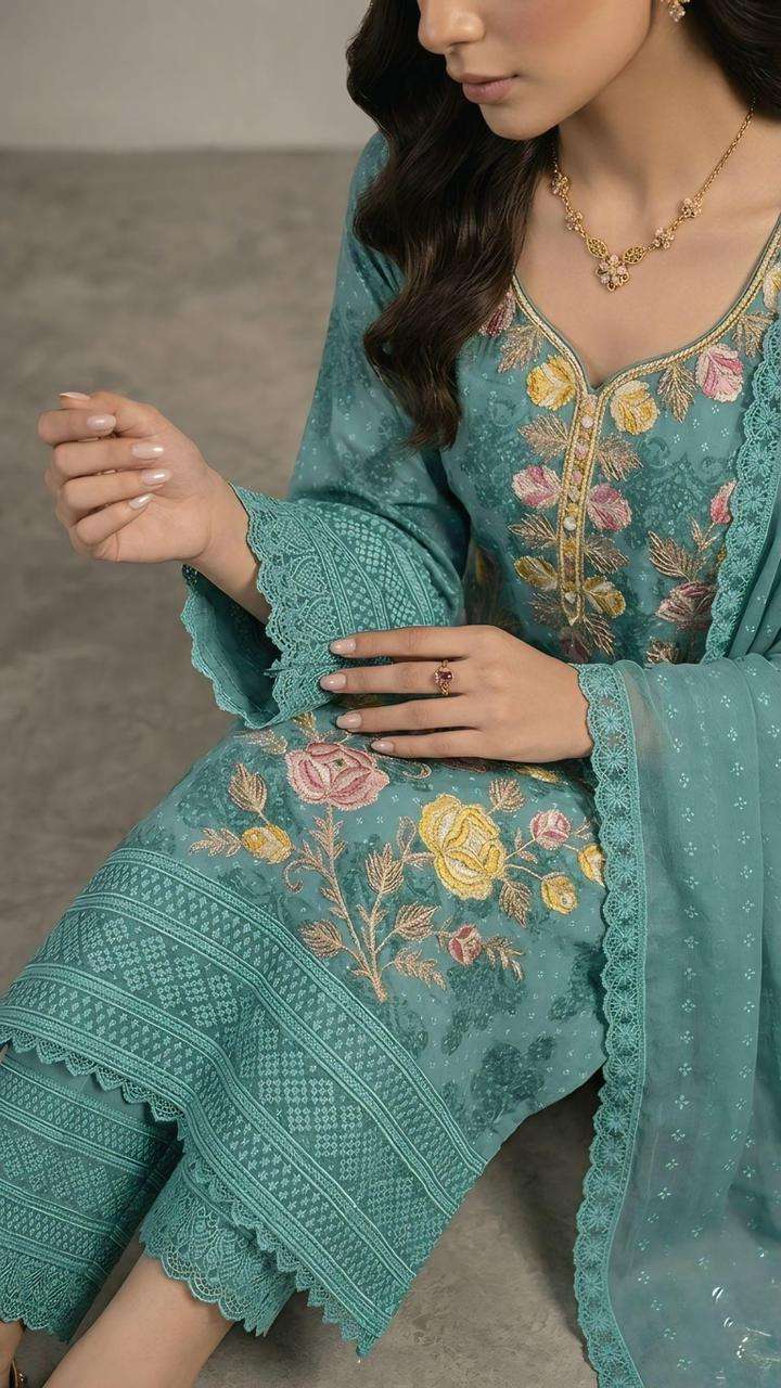 HEAVY SHIFFLI STICH SUIT  HEAVY GEORGETTE THOUSAND BUTTA  WITH DIGITAL PRINTS  WITH EMBROIDERY NACK WORK WHOLESALER FROM SURAT TEXOFAB