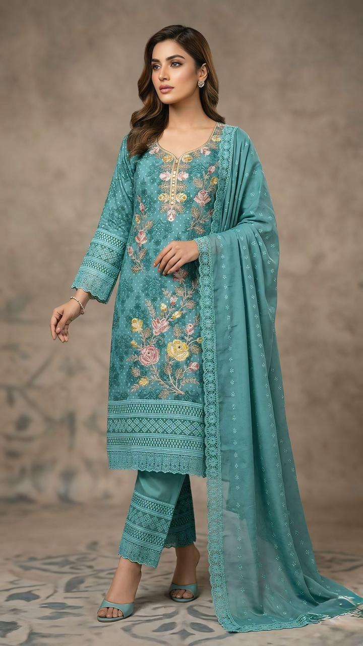 HEAVY SHIFFLI STICH SUIT  HEAVY GEORGETTE THOUSAND BUTTA  WITH DIGITAL PRINTS  WITH EMBROIDERY NACK WORK WHOLESALER FROM SURAT TEXOFAB