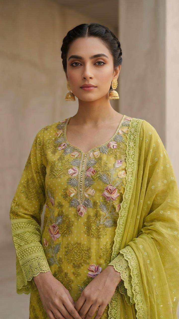 HEAVY SHIFFLI STICH SUIT  HEAVY GEORGETTE THOUSAND BUTTA  WITH DIGITAL PRINTS  WITH EMBROIDERY NACK WORK WHOLESALER FROM SURAT TEXOFAB