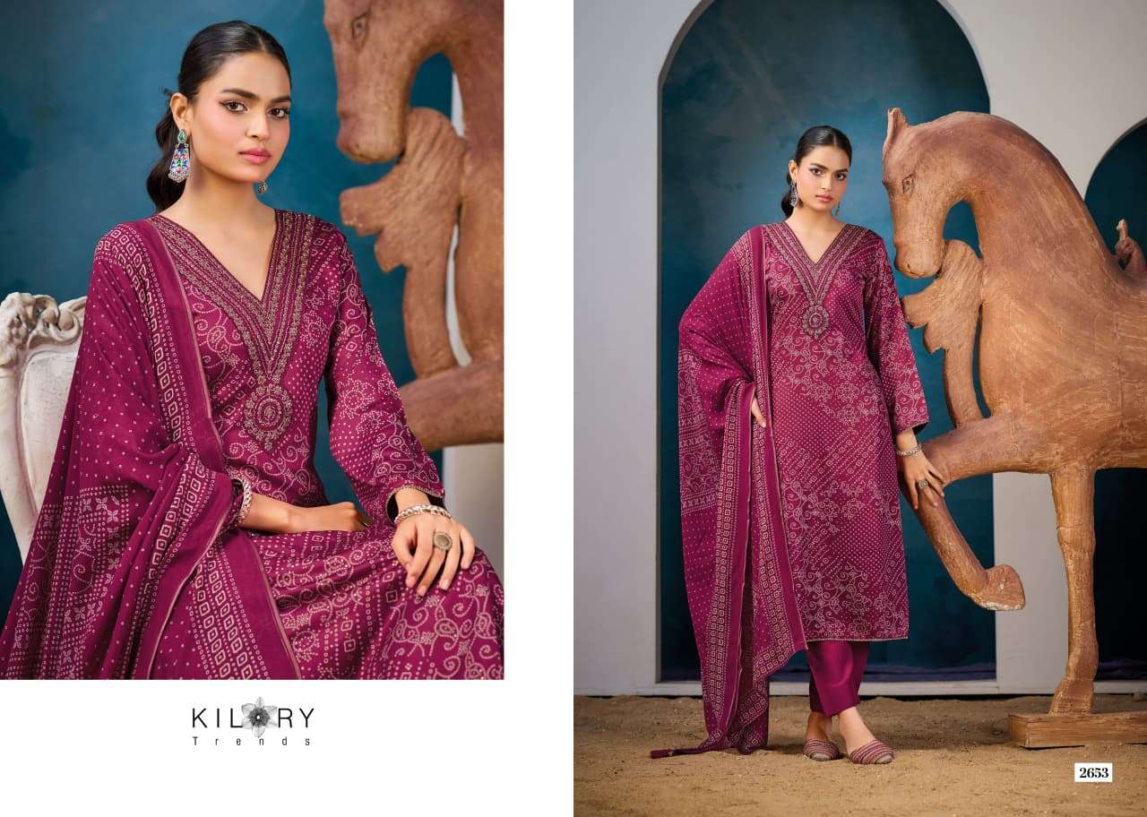KILORY TRENDS  UNSTICH COLLECTION VICTORIA Top PURE GAJJI SILK DIGITAL FOIL PRINT WITH V NECK BEADS EMBROIDERY WORK & DAMAN LACES WHOLESALER SURAT LUCACCI