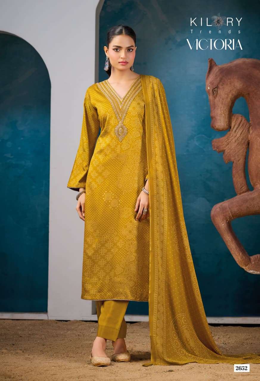 KILORY TRENDS  UNSTICH COLLECTION VICTORIA Top PURE GAJJI SILK DIGITAL FOIL PRINT WITH V NECK BEADS EMBROIDERY WORK & DAMAN LACES WHOLESALER SURAT LUCACCI