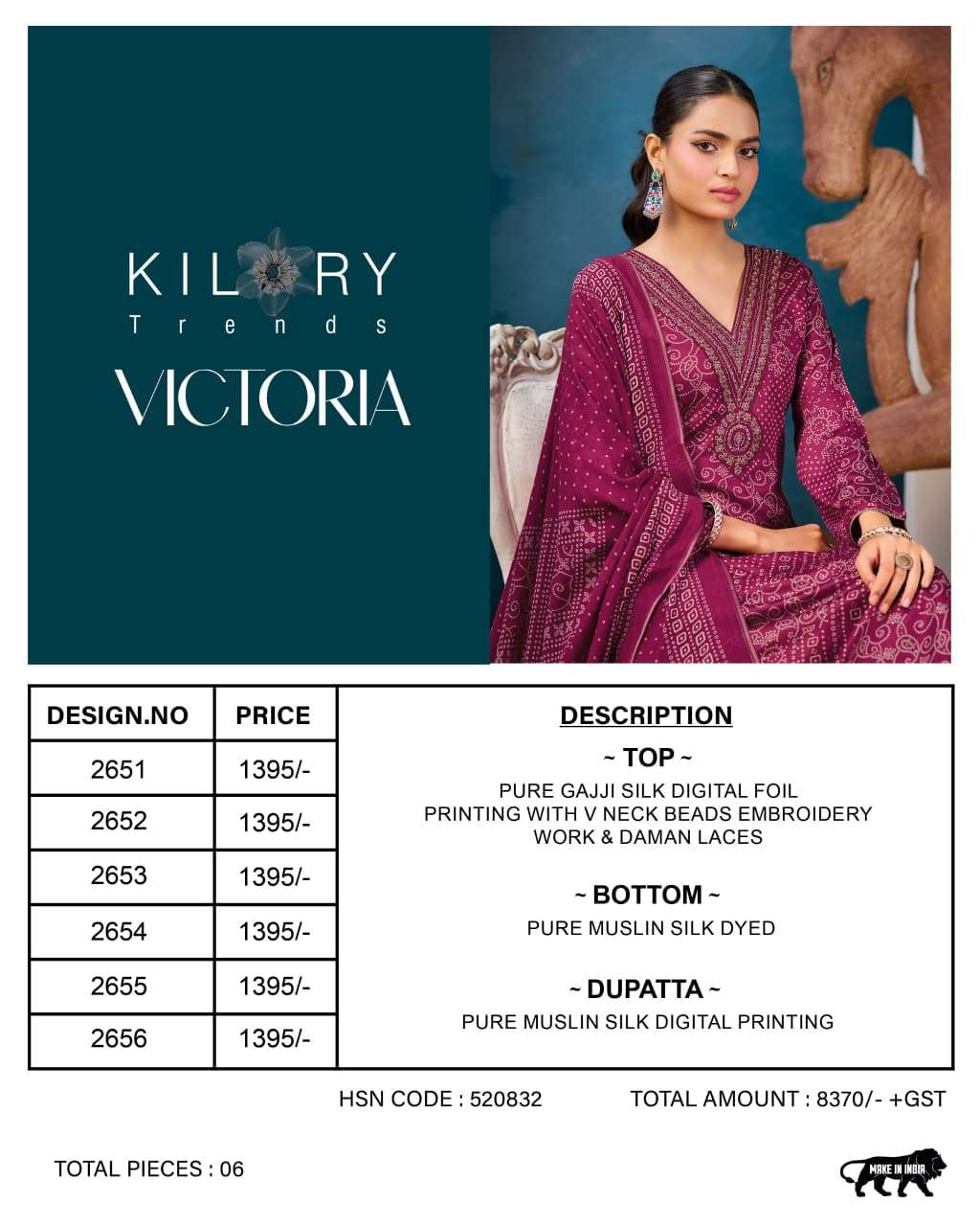 KILORY TRENDS  UNSTICH COLLECTION VICTORIA Top PURE GAJJI SILK DIGITAL FOIL PRINT WITH V NECK BEADS EMBROIDERY WORK & DAMAN LACES WHOLESALER SURAT LUCACCI