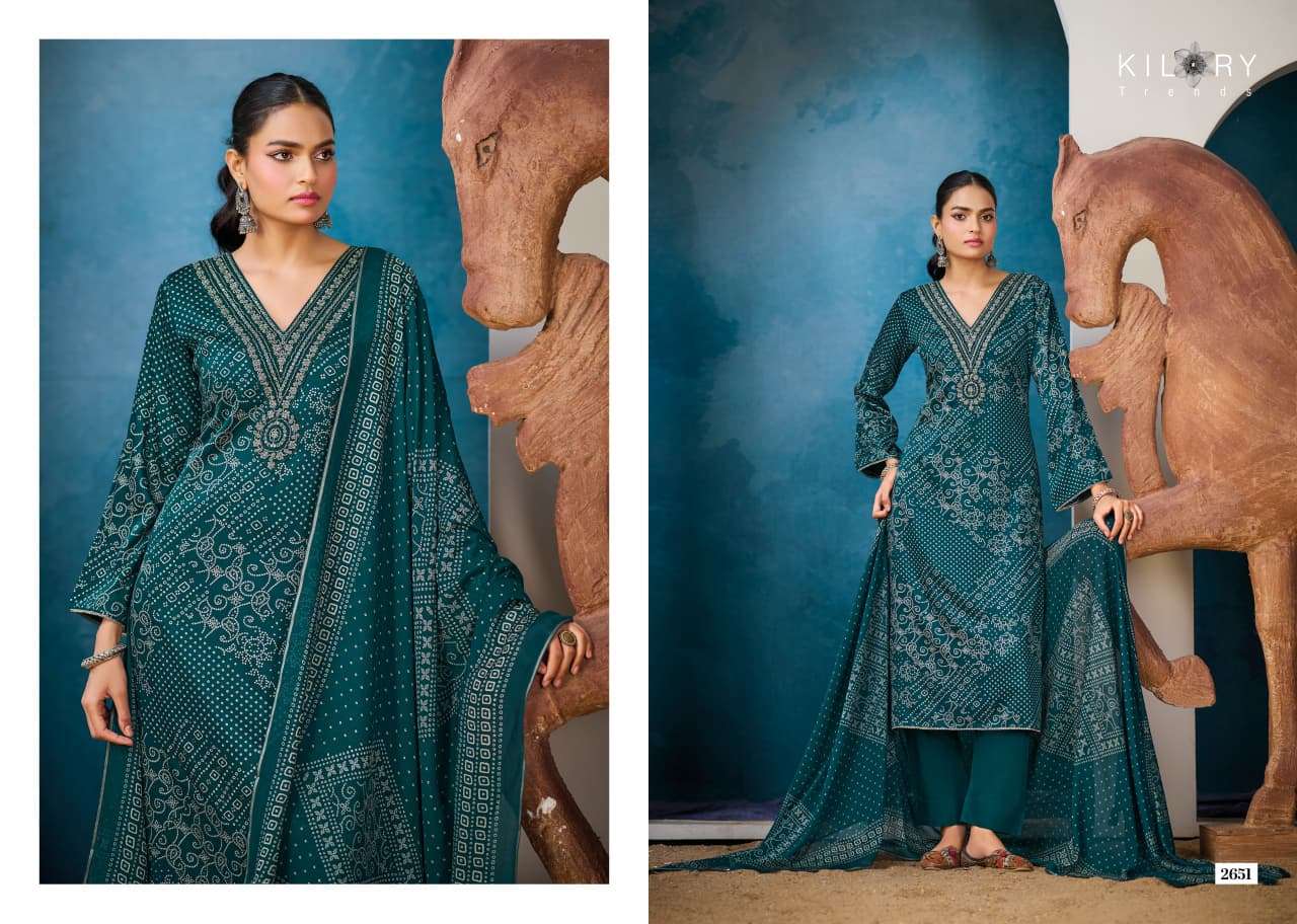 KILORY TRENDS  UNSTICH COLLECTION VICTORIA Top PURE GAJJI SILK DIGITAL FOIL PRINT WITH V NECK BEADS EMBROIDERY WORK & DAMAN LACES WHOLESALER SURAT LUCACCI