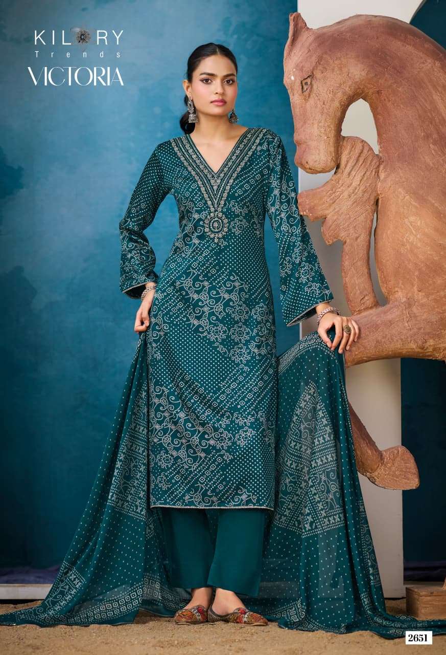 KILORY TRENDS  UNSTICH COLLECTION VICTORIA Top PURE GAJJI SILK DIGITAL FOIL PRINT WITH V NECK BEADS EMBROIDERY WORK & DAMAN LACES WHOLESALER SURAT LUCACCI