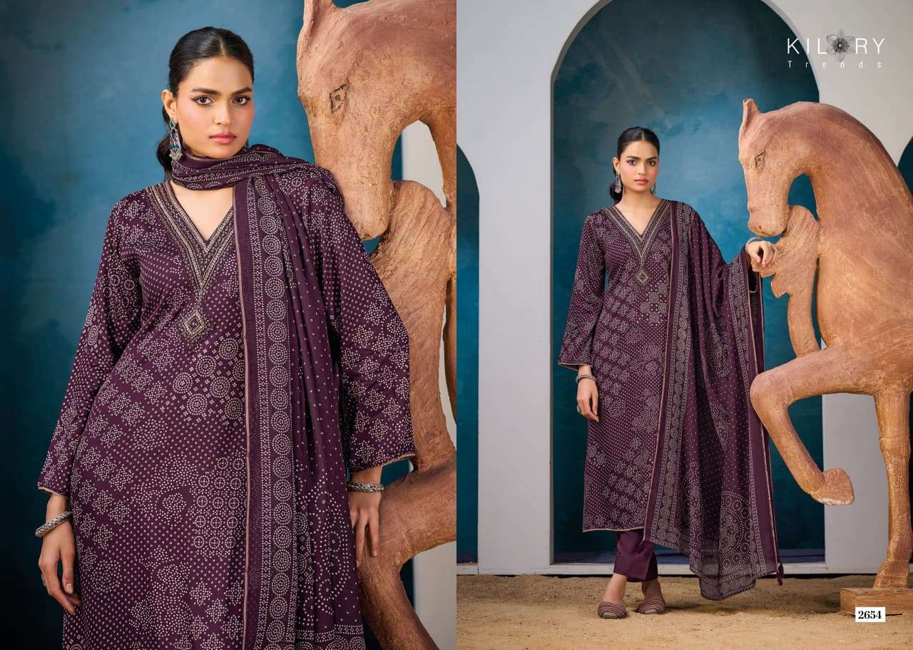 KILORY TRENDS  UNSTICH COLLECTION VICTORIA Top PURE GAJJI SILK DIGITAL FOIL PRINT WITH V NECK BEADS EMBROIDERY WORK & DAMAN LACES WHOLESALER SURAT LUCACCI