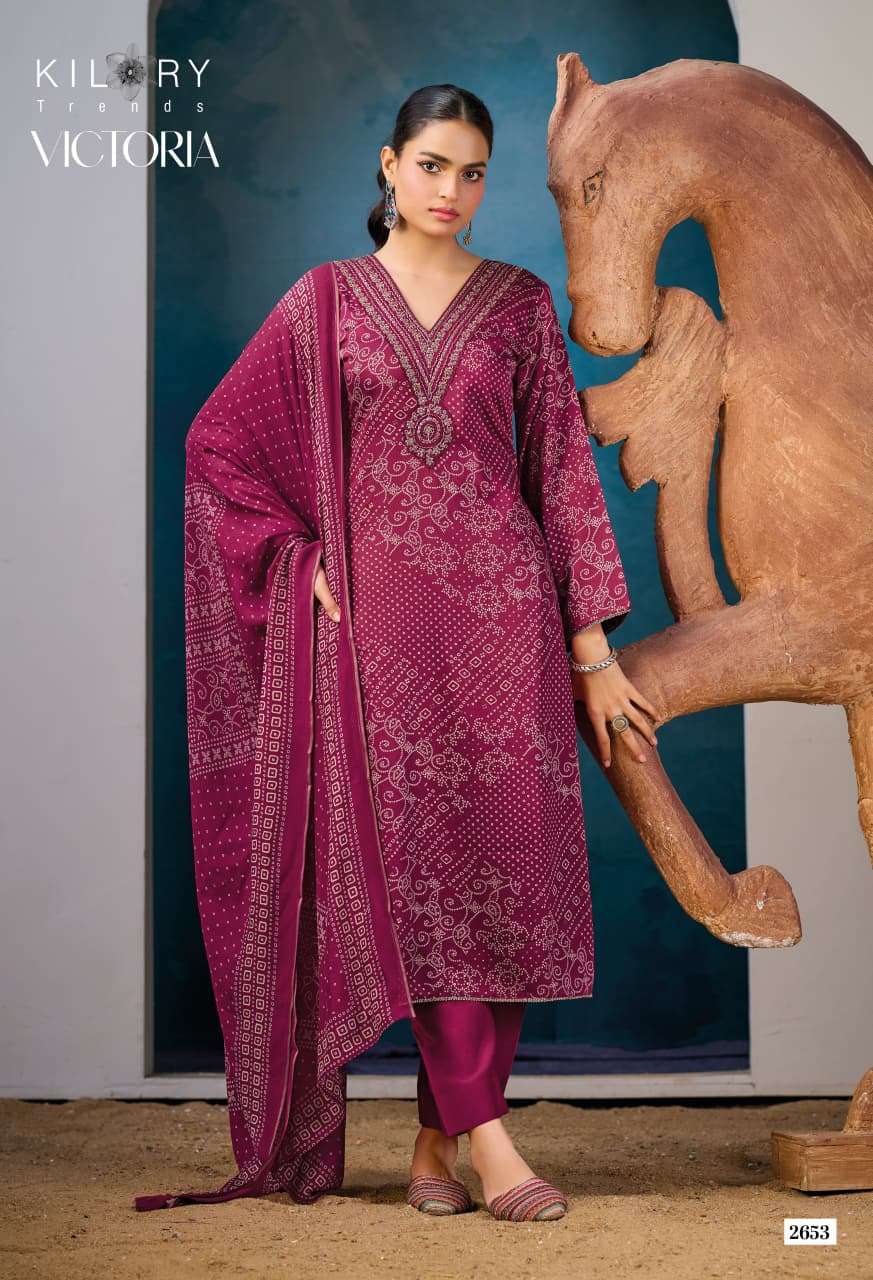 KILORY TRENDS  UNSTICH COLLECTION VICTORIA Top PURE GAJJI SILK DIGITAL FOIL PRINT WITH V NECK BEADS EMBROIDERY WORK & DAMAN LACES WHOLESALER SURAT LUCACCI