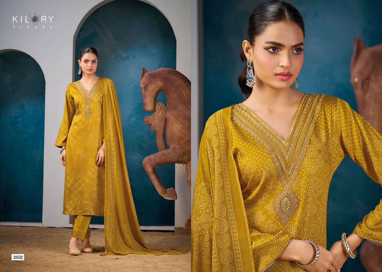 KILORY TRENDS  UNSTICH COLLECTION VICTORIA Top PURE GAJJI SILK DIGITAL FOIL PRINT WITH V NECK BEADS EMBROIDERY WORK & DAMAN LACES WHOLESALER SURAT LUCACCI