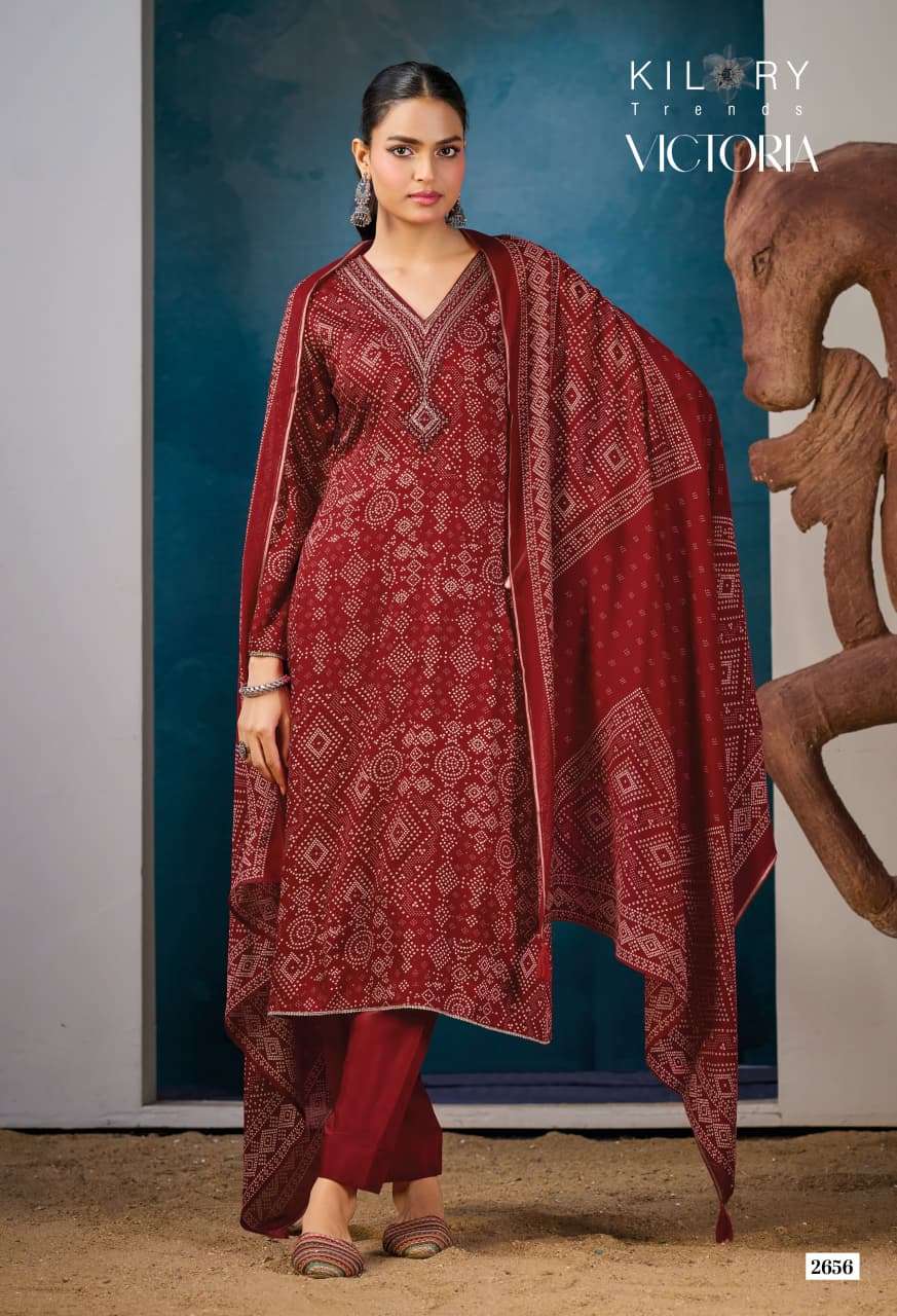 KILORY TRENDS  UNSTICH COLLECTION VICTORIA Top PURE GAJJI SILK DIGITAL FOIL PRINT WITH V NECK BEADS EMBROIDERY WORK & DAMAN LACES WHOLESALER SURAT LUCACCI